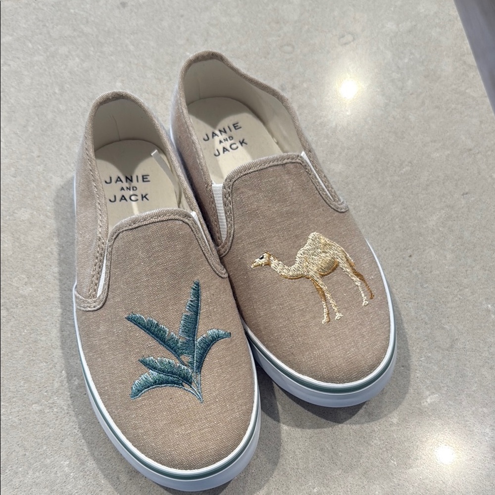 Janie and Jack Tan and Blue Sneakers with Embroidered Designs size 12